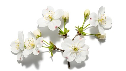White Cherry Blossom Branch with Buds and Leaves on White Background – Spring Botanical Minimalism