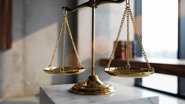 A golden justice scale, symbolizing fairness and legal balance, resting on a marble surface.
