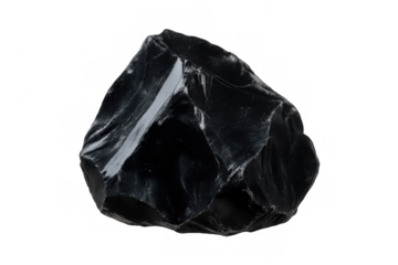Obsidian volcanic glass rock with shiny conchoidal fracture surface on transparent background