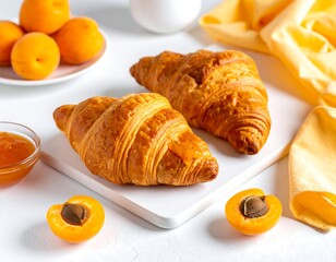 Two flaky pastries, fruit, jam, napkin arranged on a white textured surface