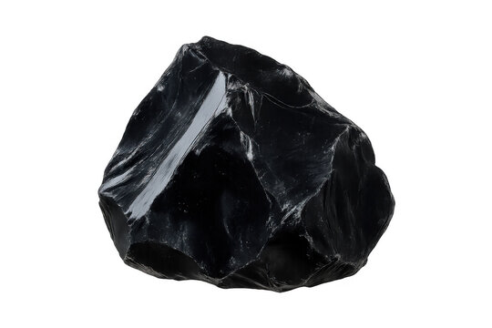 Obsidian volcanic glass rock with shiny conchoidal fracture surface on transparent background