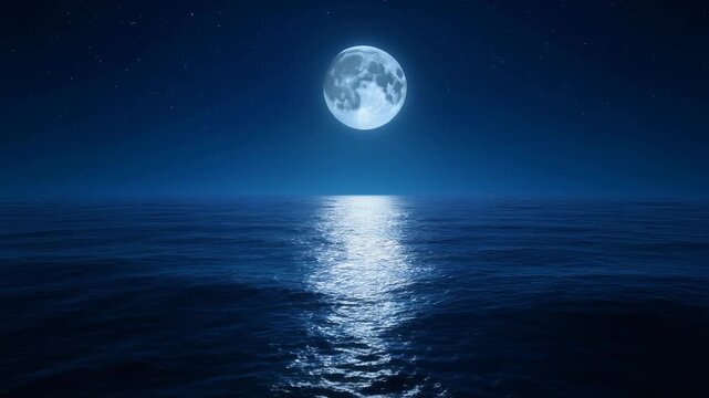 Bright Full Moon Shines on Dark Ocean Surface Under Starry Night Sky