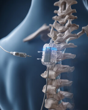 Spinal implant and spinal cord stimulation device on human spine, medical technology illustration