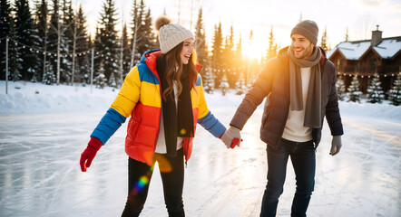 Happy young couple ice skating and holding hands on an outdoor rink. Smiling man and woman enjoying a romantic winter date in the snow at sunset