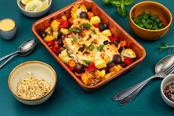 A delicious piece of salmon fried with vegetables.