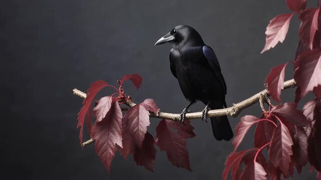 A black crow perches majestically on a branch adorned with deep red leaves, creating a stark contrast against the dark background
