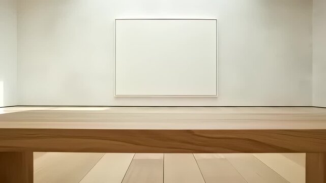 Minimalist gallery setting featuring wooden bench, simple table, and white framed artwork in a serene atmosphere, perfect for showcasing creative work or as a background for cooking show.