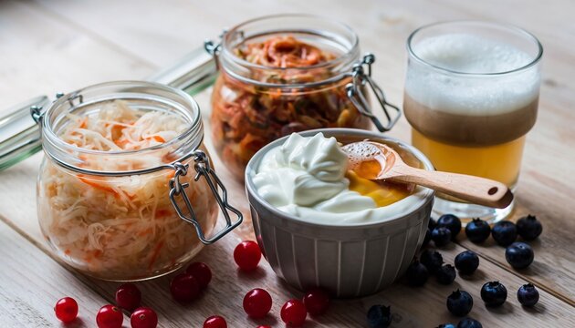 Gut Health Power: Sauerkraut, Kimchi, Probiotic Yogurt & Honey, Berries, and Fermented Drink.