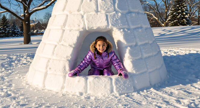 Happy young girl inside a snow igloo on a sunny winter day. Child playing outdoors in a purple jacket and mittens