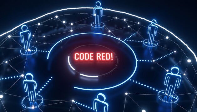 Code Red Alert: Cyber Security Focus: Futuristic digital representation of the Code Red! alert amidst the digital network with people, highlighting cyber security concerns. - Powered by Adobe
