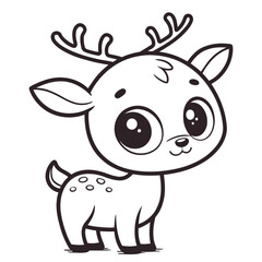 Outline illustration of a cute cartoon deer with big eyes and spots on its back standing still