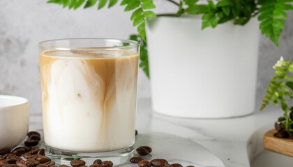 Iced latte in a glass with creamy milk swirls and espresso, surrounded by coffee beans and plants, creating a fresh, cozy coffee break and modern cafe mood.