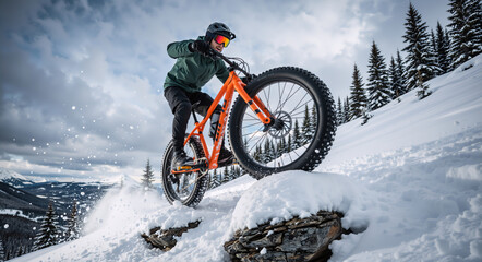 Male cyclist riding an orange fat bike on a snowy mountain trail. Winter extreme sports action