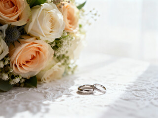 wedding rings and bouquet