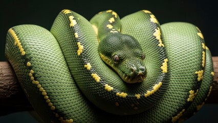 Close-up of a coiled green python snake with yellow markings on a branch.
