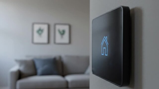 Close smart home wall panel with single house icon on its sleek digital display. Home protection AI