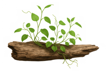Green vine plant growing on a weathered wooden log, symbolizing new life, nature's growth, and resilience on transparent background