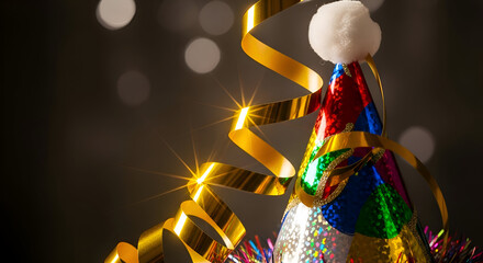 Close up of a colorful festive pi ata with gold streamers and confetti against a blurred dark background with bokeh lights