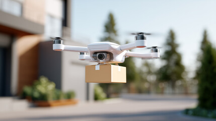 Autonomous delivery drone carrying cardboard package in residential area. Modern logistics technology for fast shipping service. Innovation in transportation, automated courier and parcel delivery.