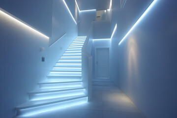 Obraz premium A white staircase with blue lights on it