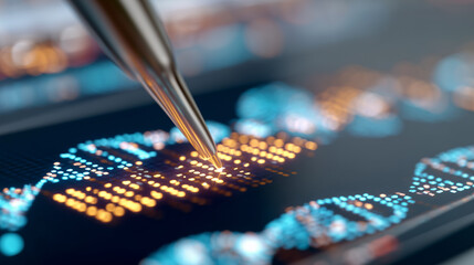 DNA research with precision laboratory tool analyzing genetic sequencing on illuminated microchip. Biotechnology genome testing for medical diagnostics, molecular biology, pharmaceutical innovation.