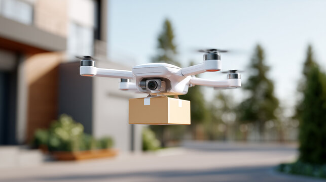 Autonomous delivery drone carrying cardboard package in residential area. Modern logistics technology for fast shipping service. Innovation in transportation, automated courier and parcel delivery. - Powered by Adobe