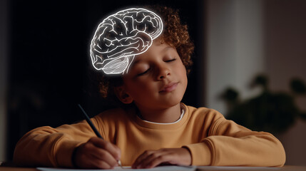 Child learning and writing homework with glowing brain illustration symbolizing neural connections, cognitive development, intelligence, education, thinking process, and knowledge growth.