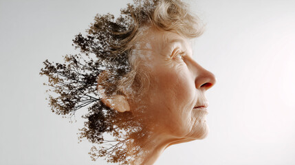 Double exposure portrait merging elderly woman profile with bare trees, symbolizing aging, memory, neural connections, cognitive decline, dementia awareness, mental health, life cycle concept.