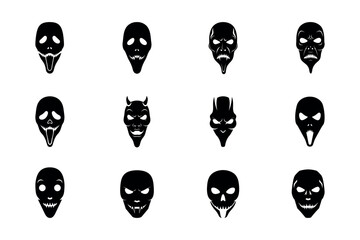 Set of twelve horror skull and creepy mask vector icons featuring bold black silhouettes with sinister expressions on a white background