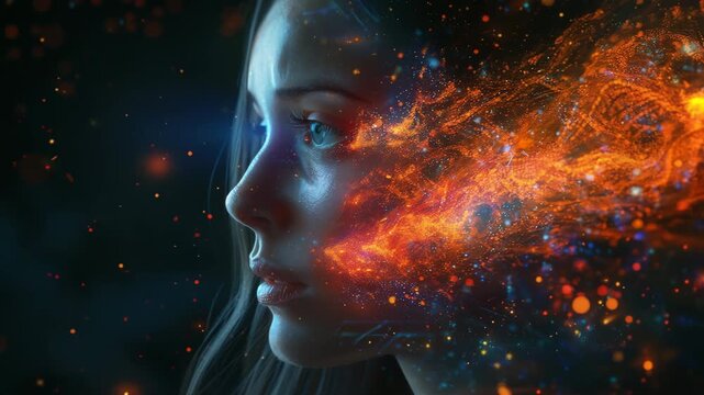 Profile portrait of a womans face dissolving into vibrant orange and blue digital energy particles against a dark background 4k video