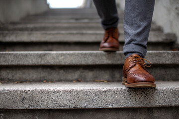 A man wearing brown shoes is walking up a set of stairs