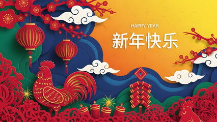 Vibrant Chinese New Year Illustration with Rooster Silhouette, Lanterns, and Festive Fireworks in a Colorful Paper Cut S