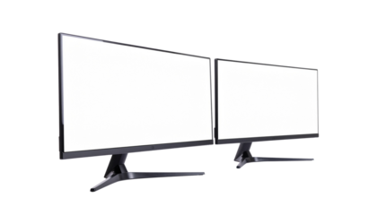 Two computer monitors with blank white screens and black frames sitting on stands are visible object on white and png