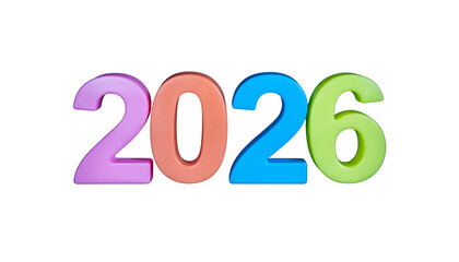 Two thousand and twenty six shown with purple orange blue and green numbers in a simple colorful arrangement pure white background cutout