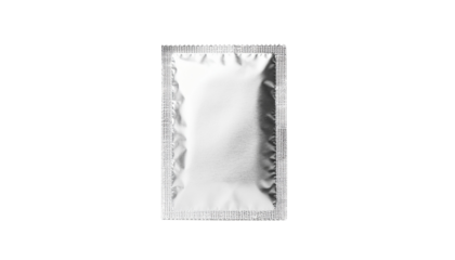 A shiny silver foil packet with crinkled edges and a rectangular shape is centered in the frame and brightly lit on white and transparent