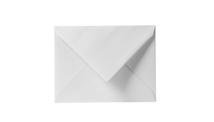 Closed white envelope with a triangular flap folded down in the center of the frame, angled slightly on white and transparent