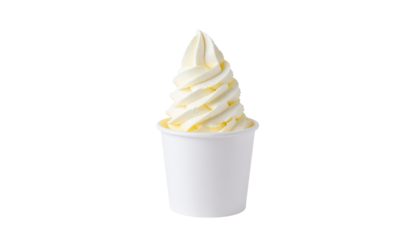 Vanilla soft serve ice cream in a small white paper cup with a swirled cone shape on top of the treat plain white background and png