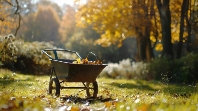 Video A rusty old wheelbarrow overflowing with autumn leaves sits in a green field, perfect for gardening or seasonal decoration