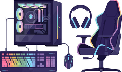 Gaming Setup with Computer Chair and Headset for E-Sport Streamer Player on Transparent Background Vector Illustration © MDMUKTADIR