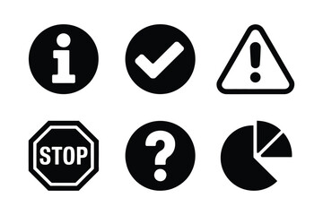 Collection of black and white icons for information and warnings