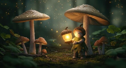 A tiny figure with an acorn lantern stands amidst glowing mushrooms in a mystical forest.