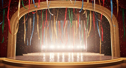 Empty theater stage illuminated by bright spotlights with colorful streamers hanging down from a golden proscenium arch creating a festive atmosphere for a performance