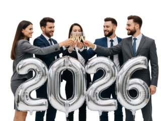 Team Toasting to 2026 – Celebrating Success and New Beginnings with Champagne and Silver Balloons

