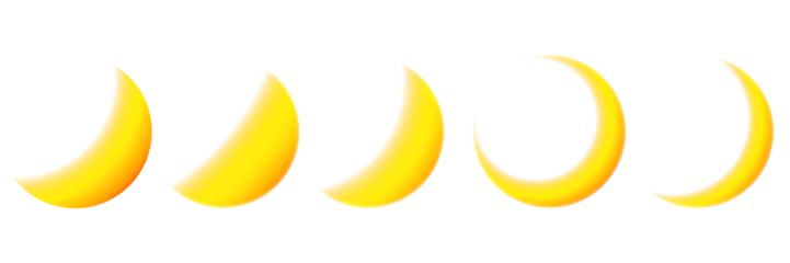 Glowing bright golden yellow moon or lunar and planetary phases in soft geometric orb forms on transparent background for celestial space