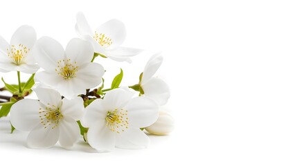 White Cherry Blossoms with Green Stems on White Background – Minimal Botanical Elegance