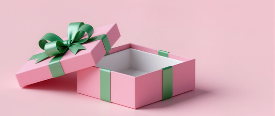 pink gift box with green ribbon