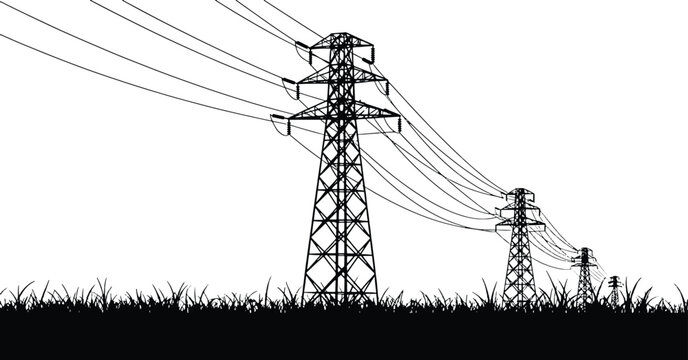 Power Transmission Network: High-Voltage Towers and Grassy Field