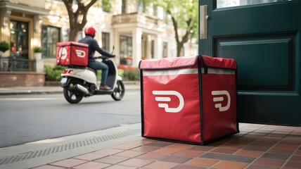 Delivery person on scooter arrives with red food delivery bags outside a building.