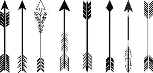 Decorative arrow icon set featuring tribal, boho, minimalist and traditional designs with detailed feathers and arrowheads in clean vector line art