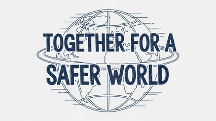 Together for a Safer World” — hand-drawn style font, smooth rotating globe outline behind text.